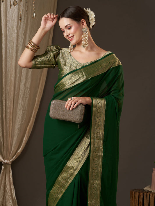 Deep Green Floral Georgette Saree - Ressa