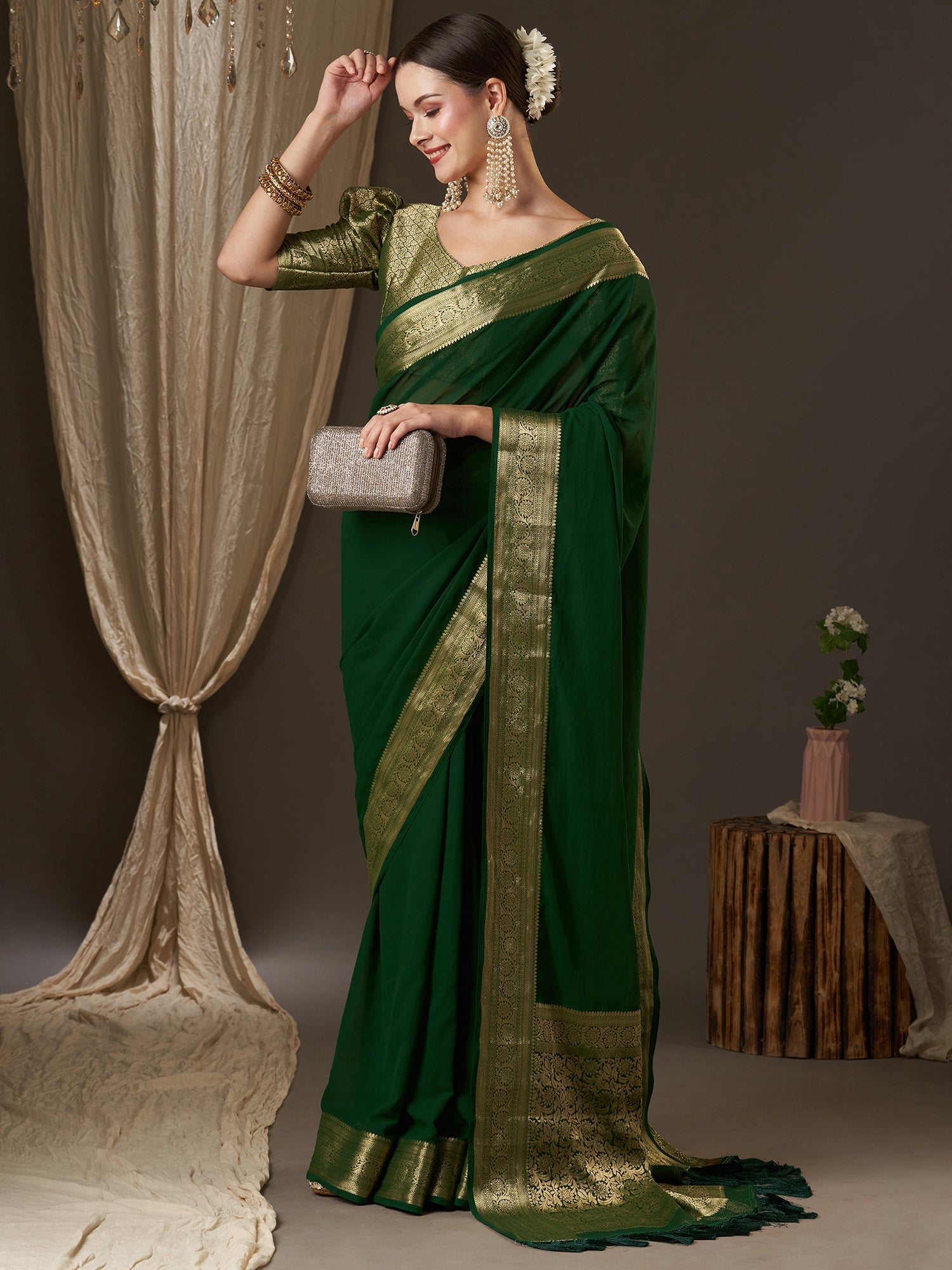Deep Green Floral Georgette Saree - Ressa