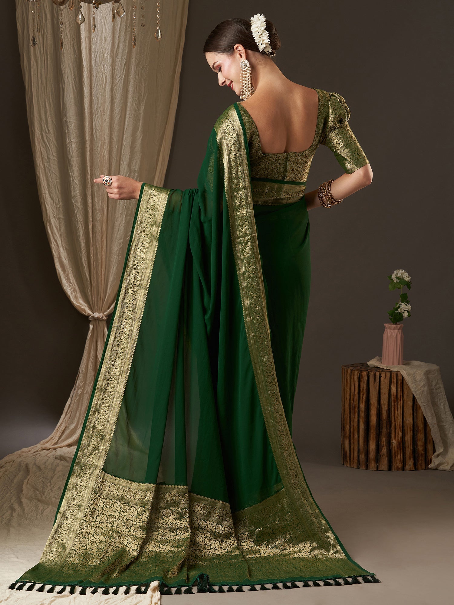 Deep Green Floral Georgette Saree - Ressa