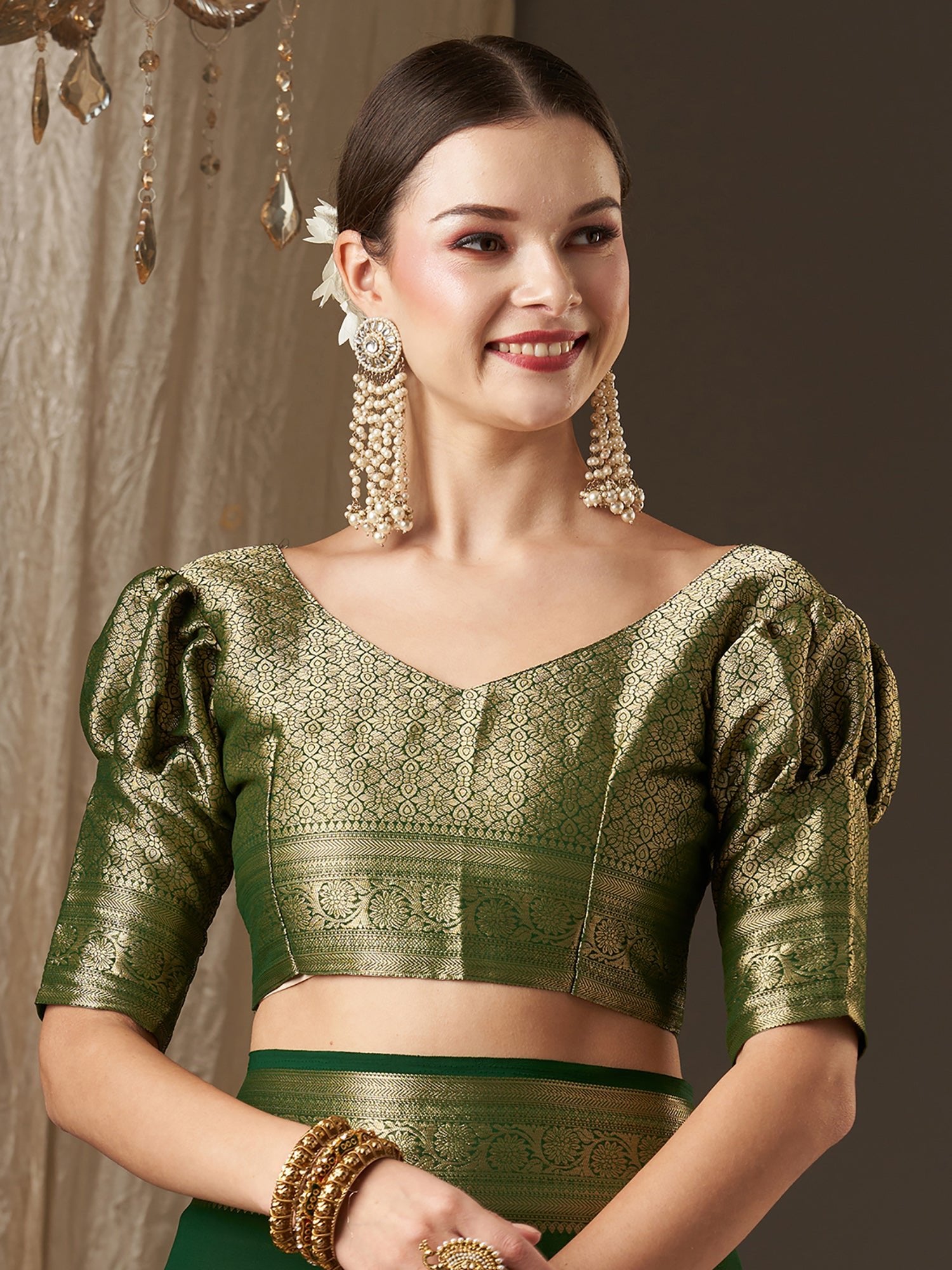 Deep Green Floral Georgette Saree - Ressa