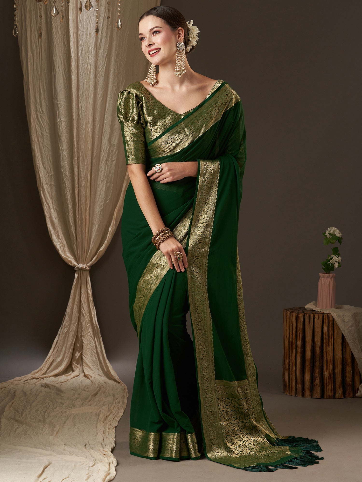 Deep Green Floral Georgette Saree - Ressa
