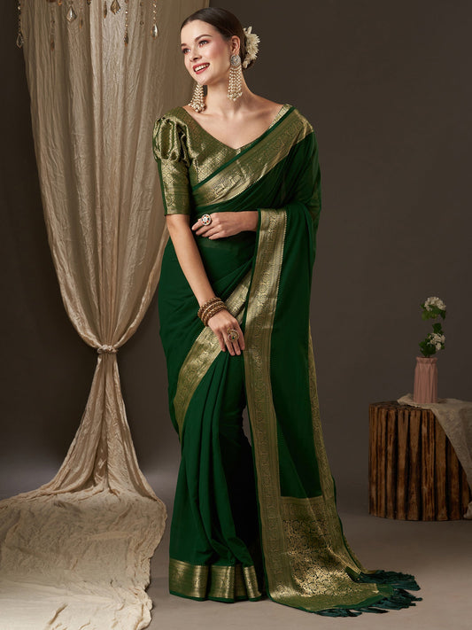 Deep Green Floral Georgette Saree - Ressa