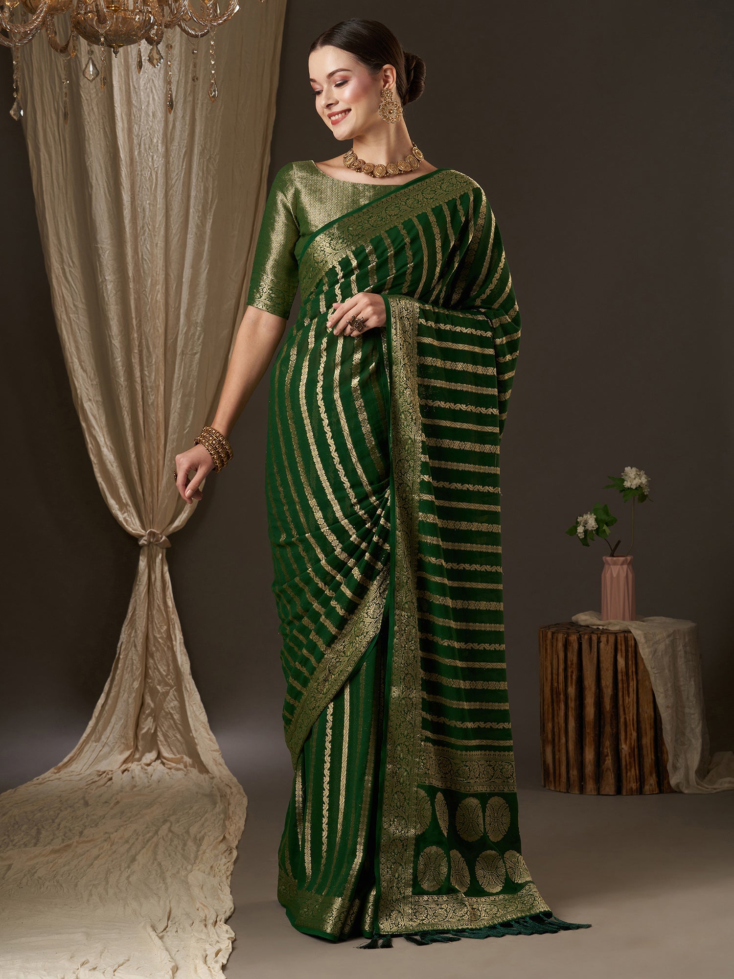 Deep Green Floral Georgette Saree with Jari Border - Ressa