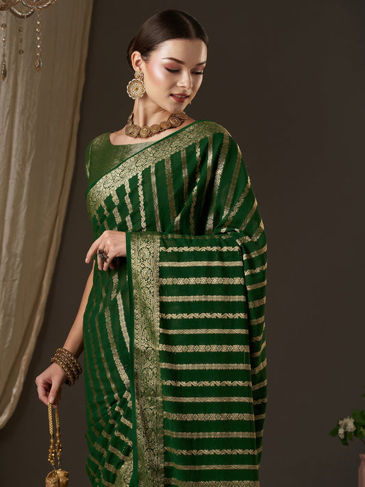 Deep Green Floral Georgette Saree with Jari Border - Ressa