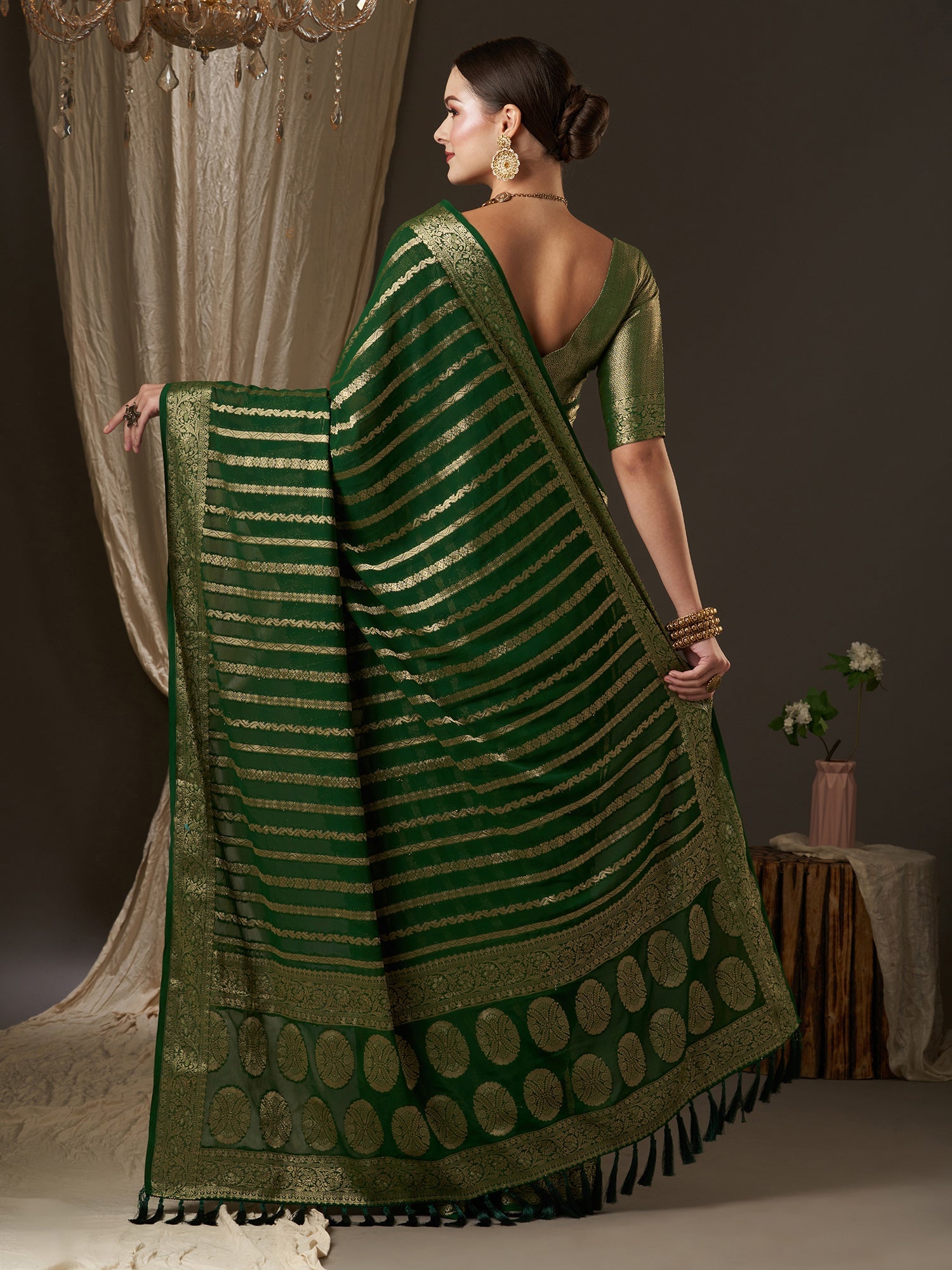 Deep Green Floral Georgette Saree with Jari Border - Ressa