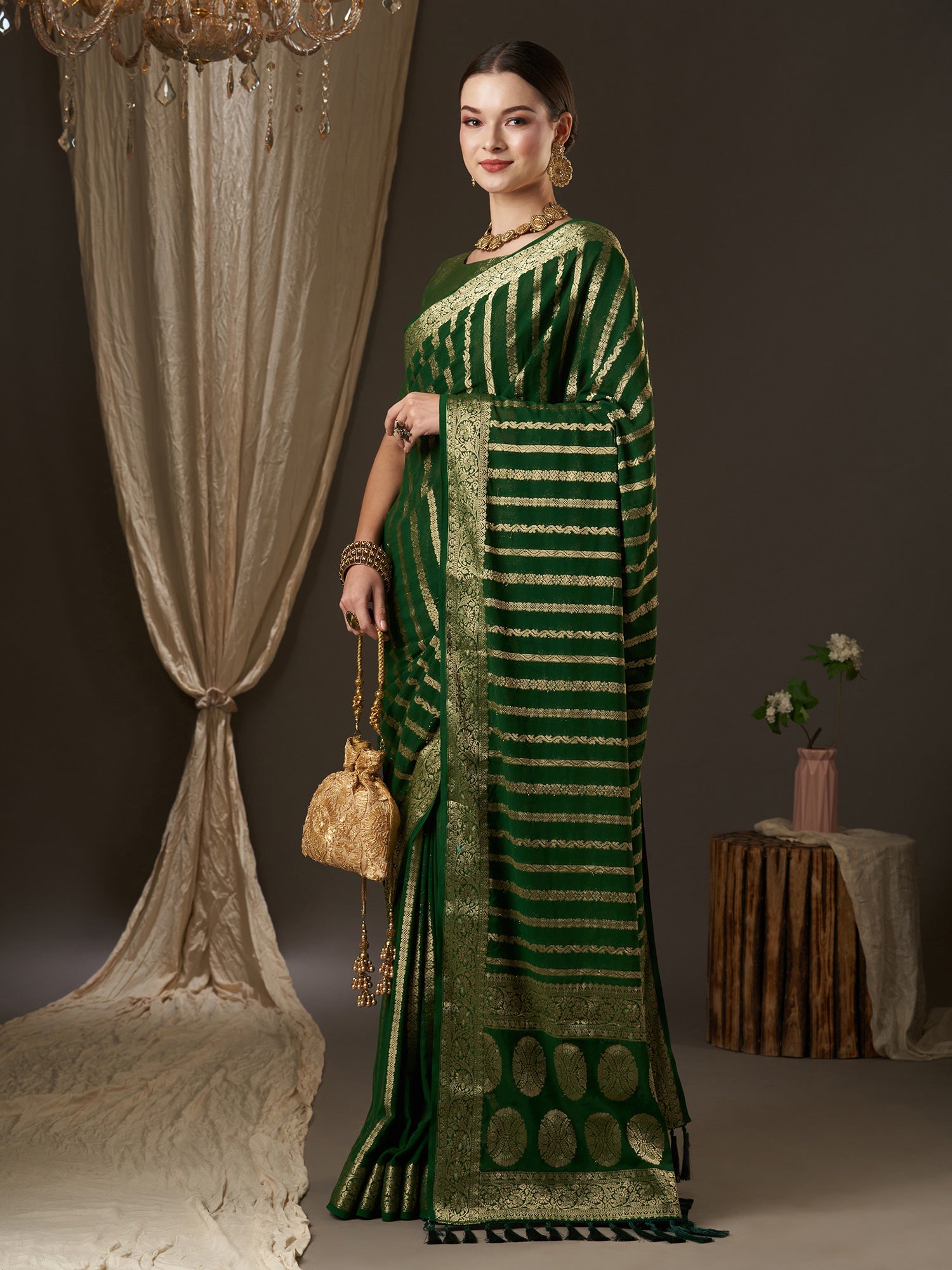 Deep Green Floral Georgette Saree with Jari Border - Ressa