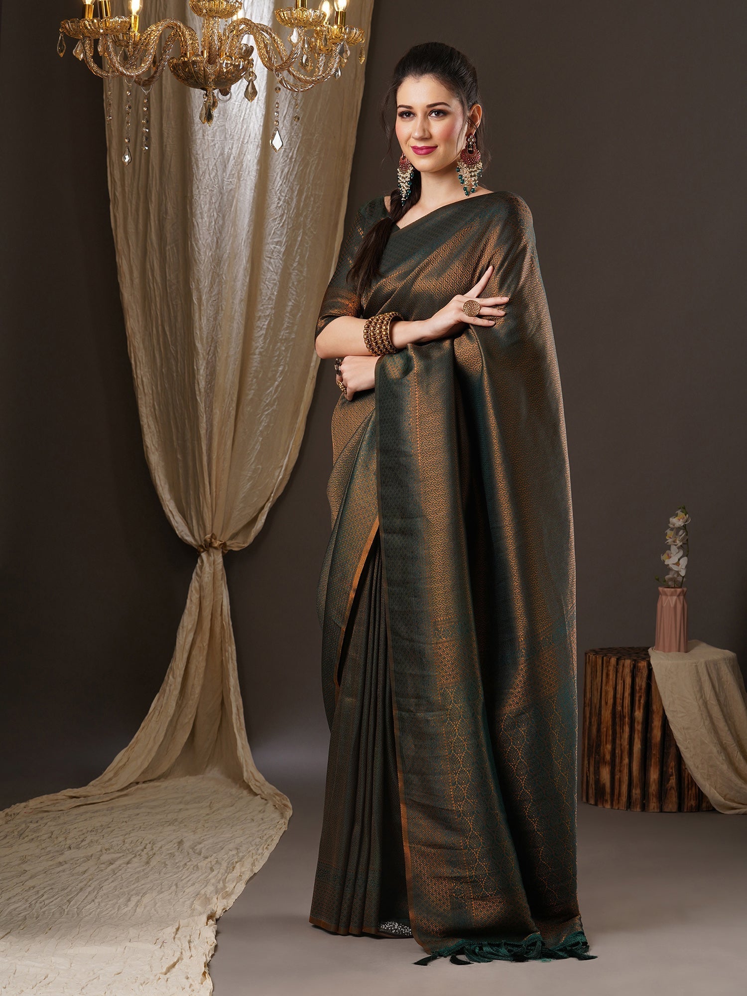Deep Green Overall Zari Woven Premium Silk Saree - Ressa