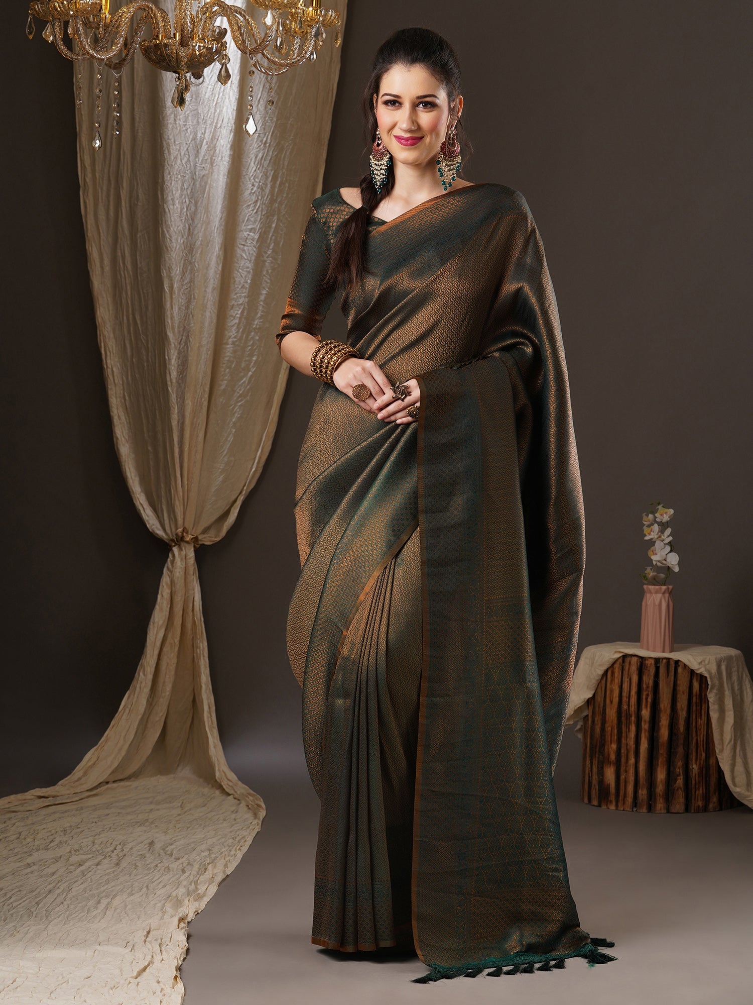Deep Green Overall Zari Woven Premium Silk Saree - Ressa