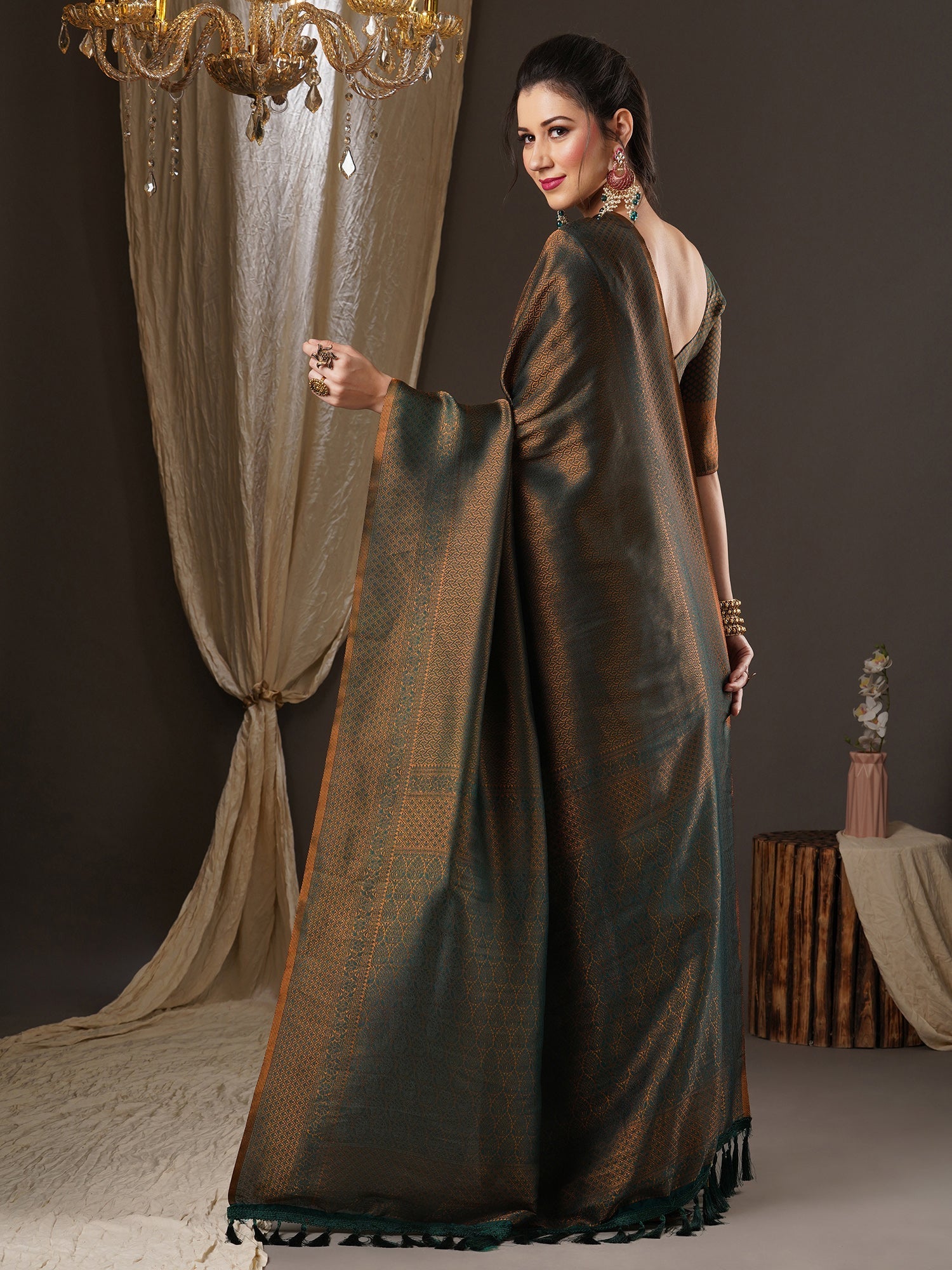Deep Green Overall Zari Woven Premium Silk Saree - Ressa