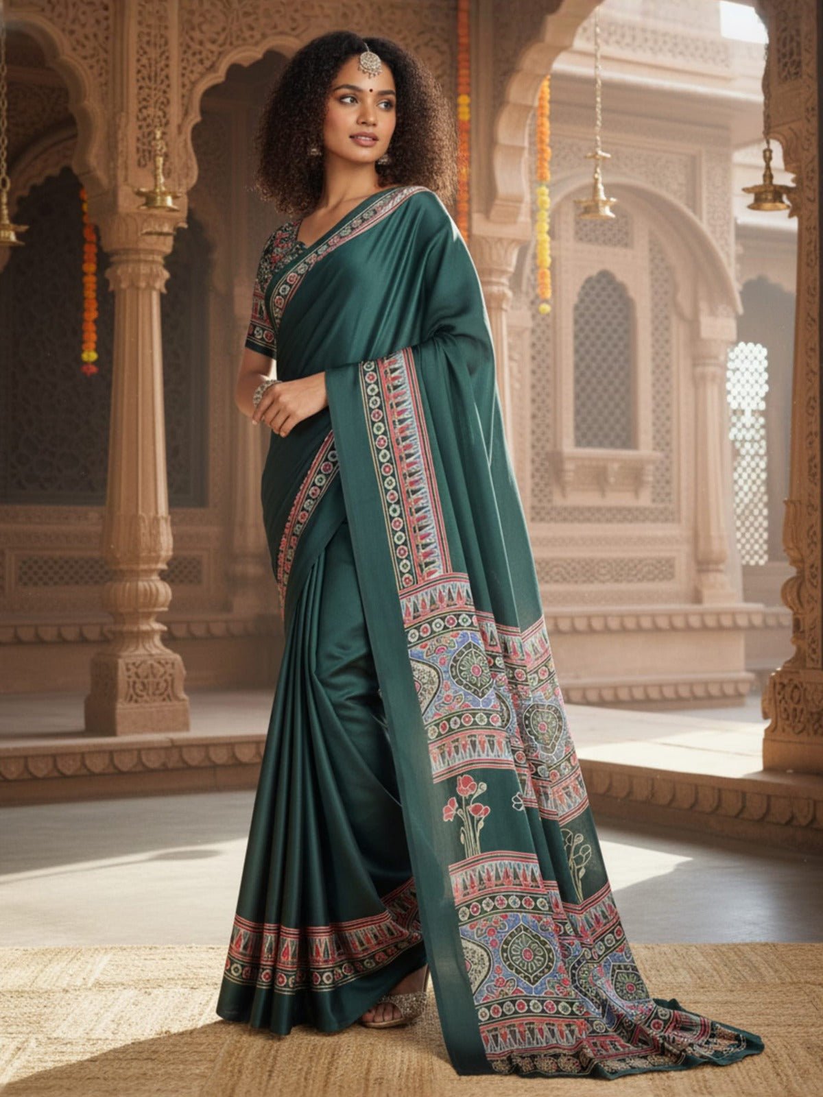 Deep Green Satin Crape Saree - Ressa
