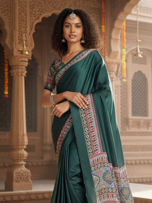 Deep Green Satin Crape Saree - Ressa