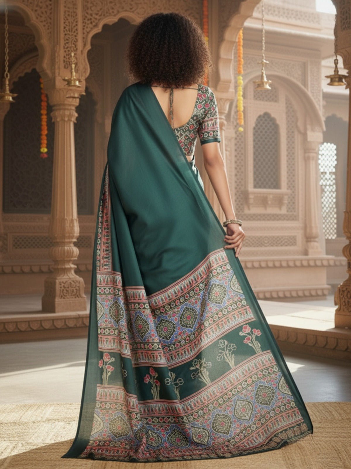 Deep Green Satin Crape Saree - Ressa