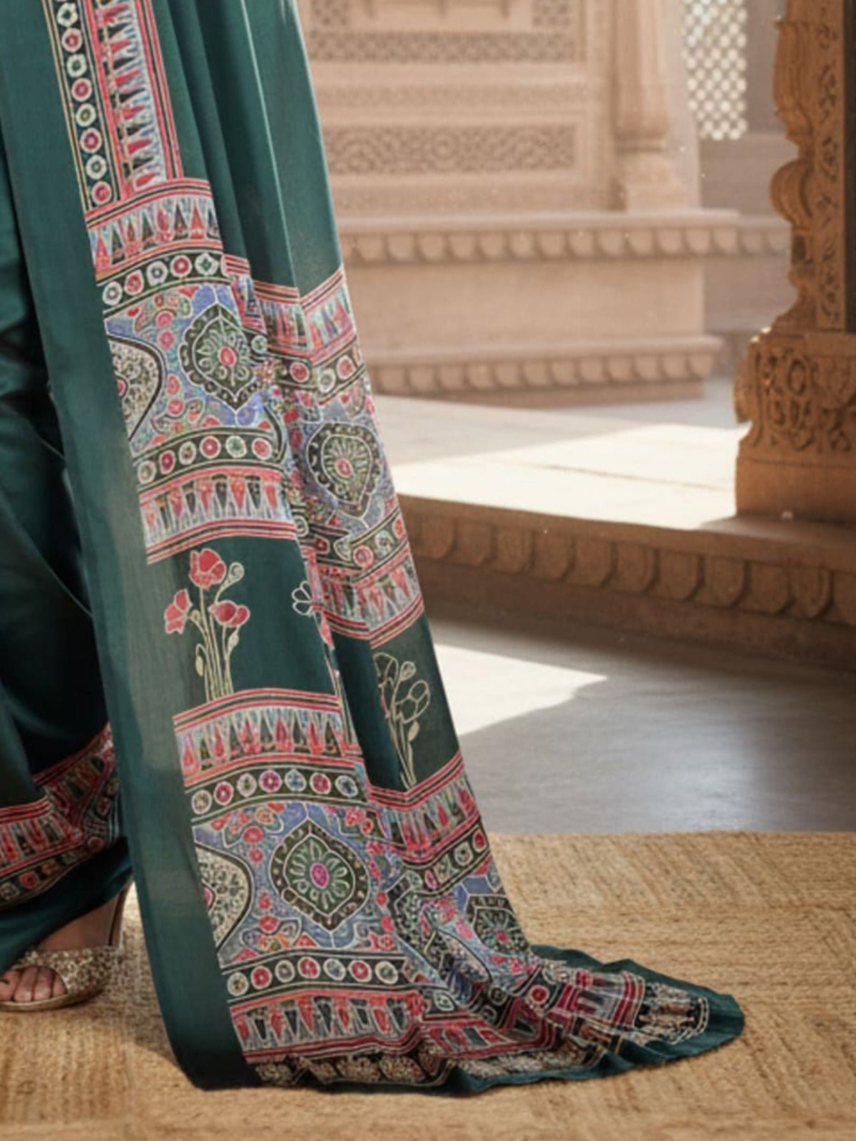 Deep Green Satin Crape Saree - Ressa