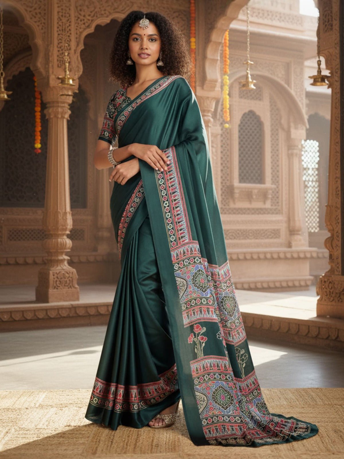 Deep Green Satin Crape Saree - Ressa
