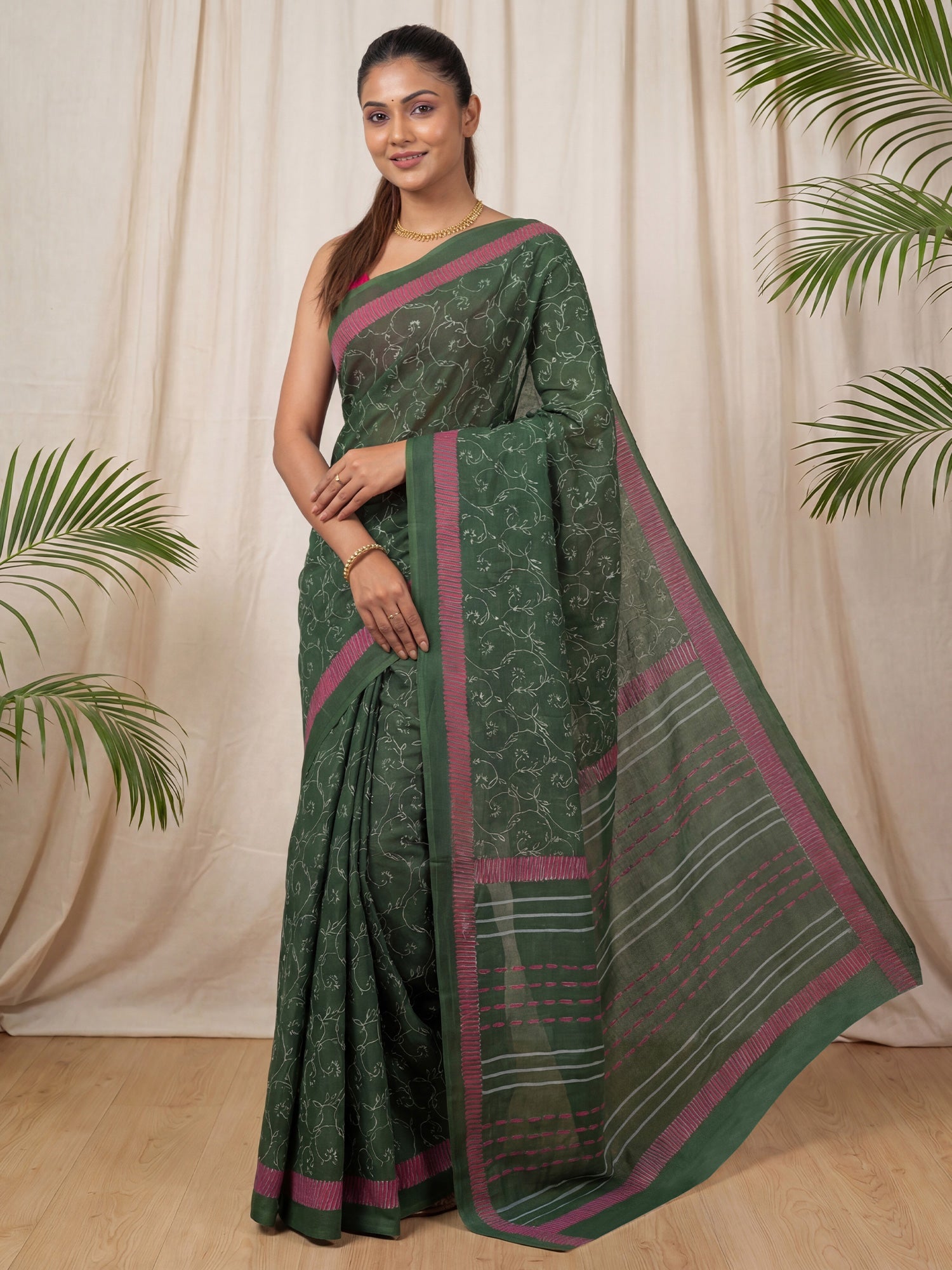 Deep Green Striped Pallu Saree - Ressa
