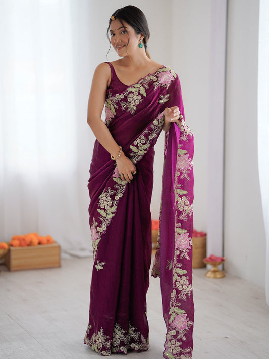 Deep Magenta Organza Saree with Pink Floral Cutwork Scallop Border - Ressa