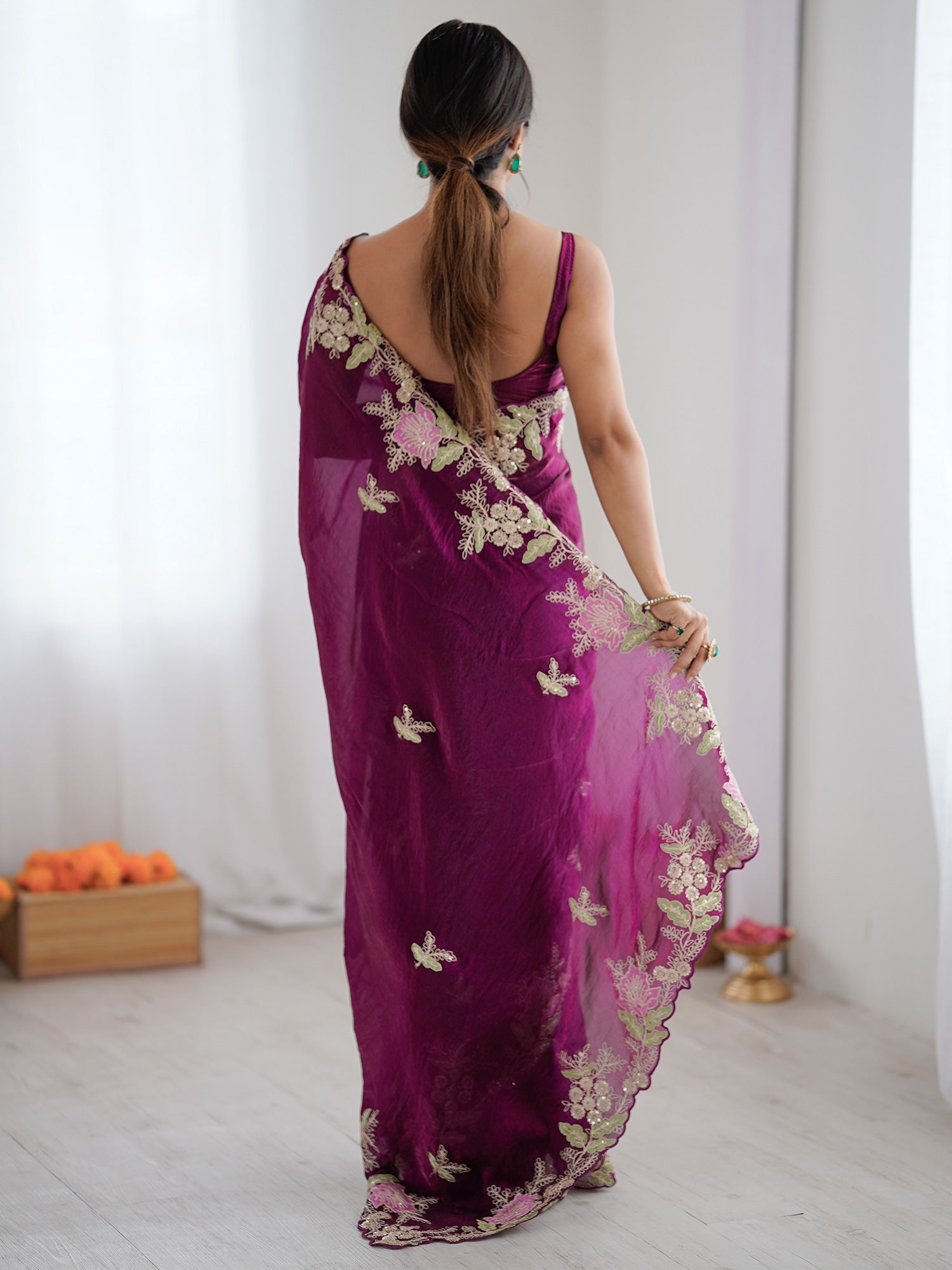 Deep Magenta Organza Saree with Pink Floral Cutwork Scallop Border - Ressa
