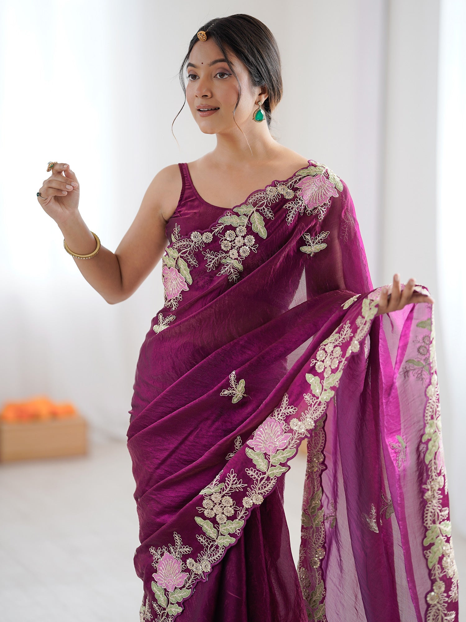 Deep Magenta Organza Saree with Pink Floral Cutwork Scallop Border - Ressa