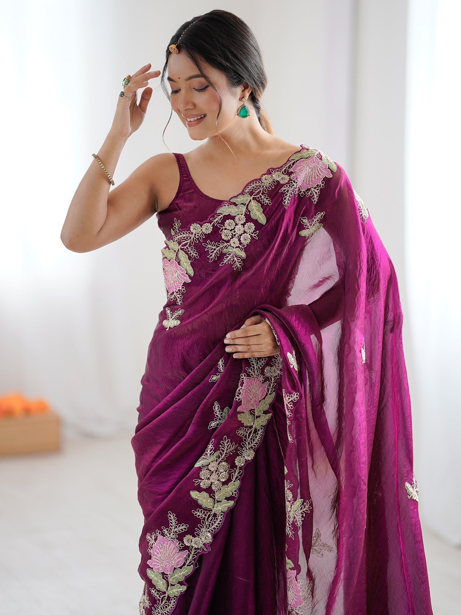 Deep Magenta Organza Saree with Pink Floral Cutwork Scallop Border - Ressa