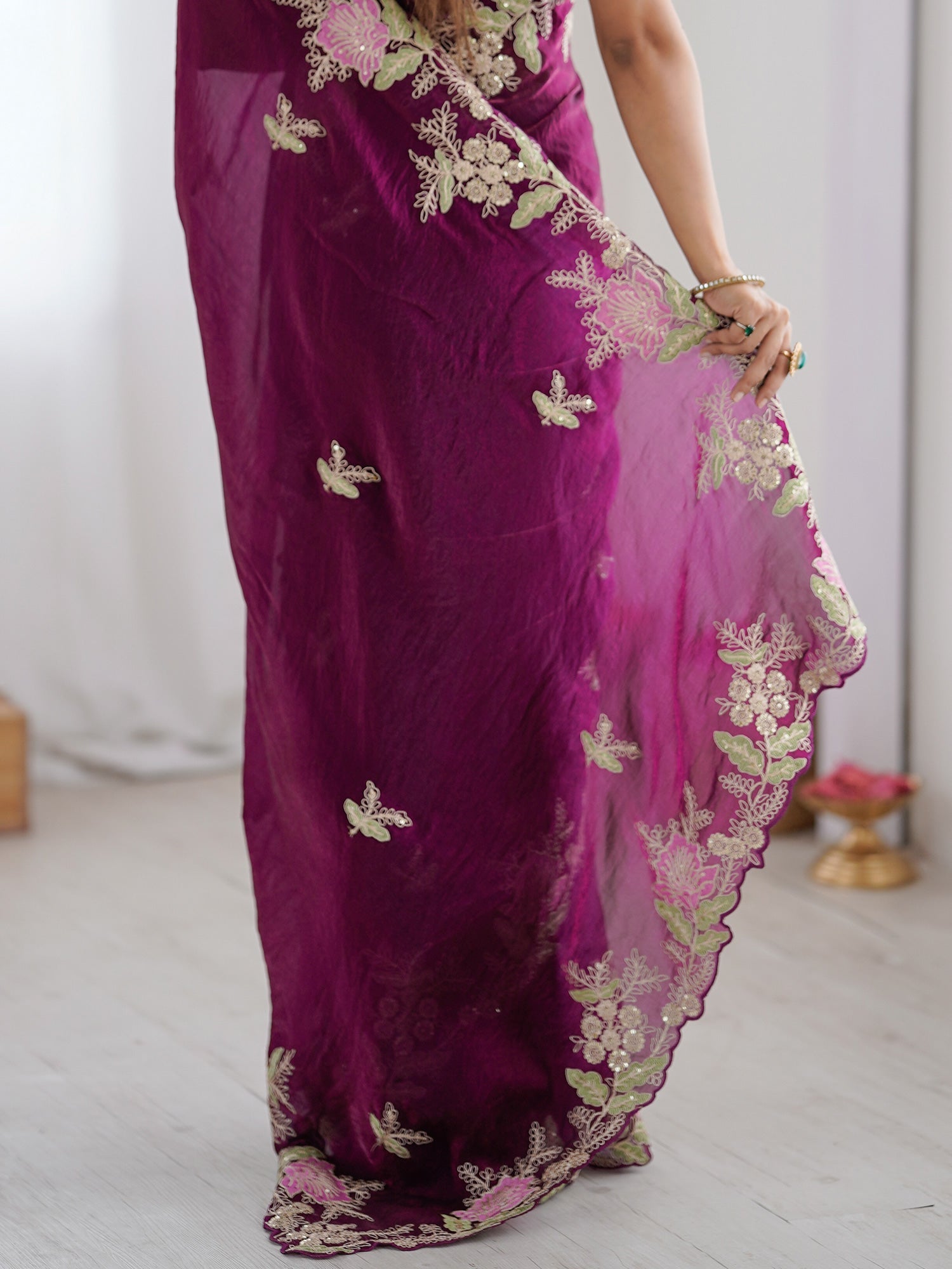 Deep Magenta Organza Saree with Pink Floral Cutwork Scallop Border - Ressa
