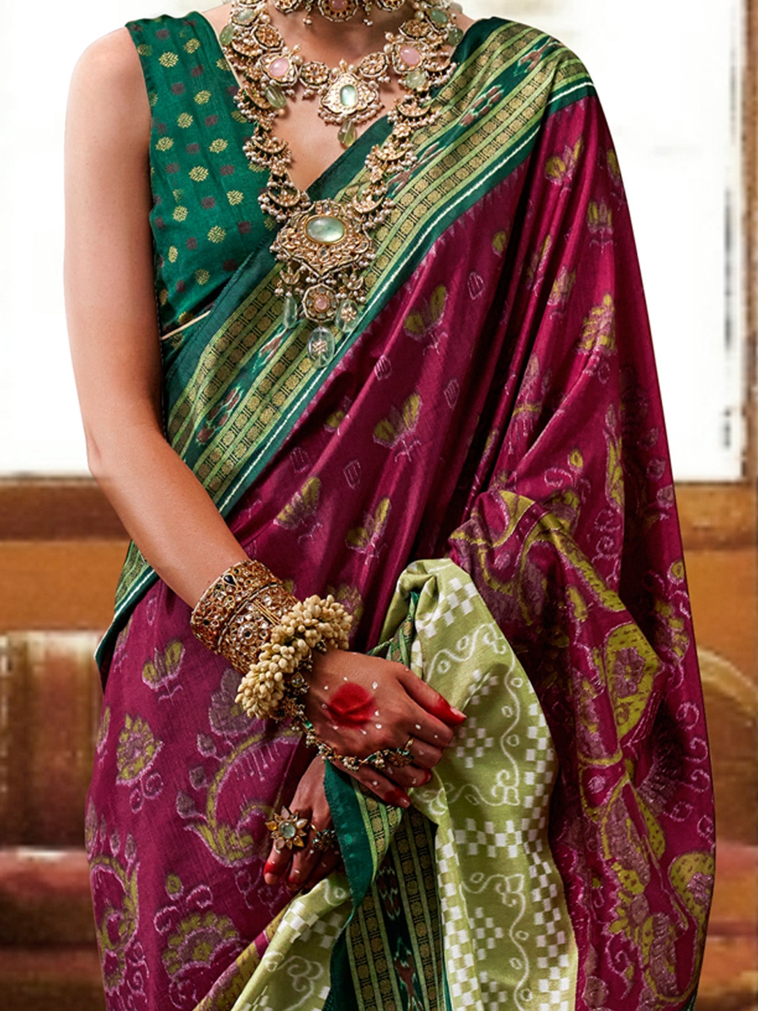 Deep Magenta Wine & Emerald Green Silk Saree - Ressa
