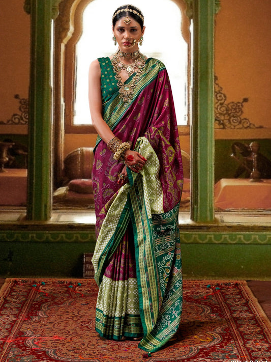 Deep Magenta Wine & Emerald Green Silk Saree - Ressa