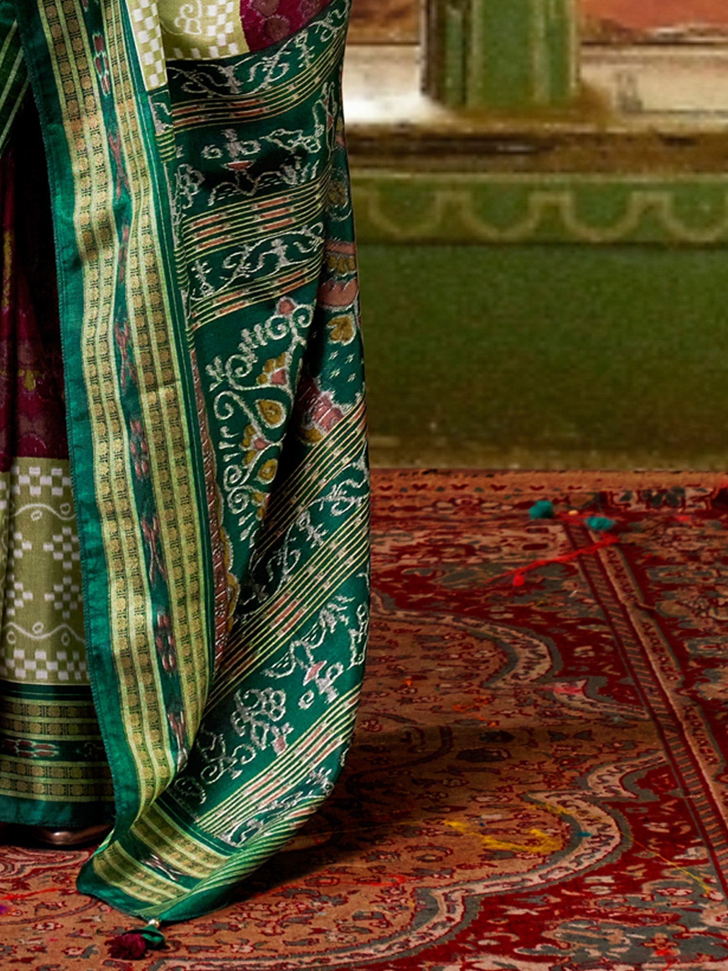 Deep Magenta Wine & Emerald Green Silk Saree - Ressa