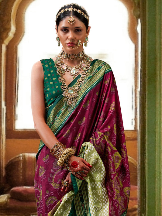 Deep Magenta Wine & Emerald Green Silk Saree - Ressa
