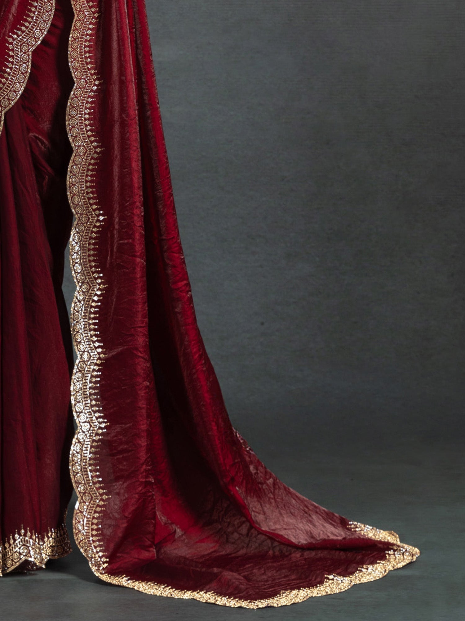 Deep Maroon Beads and Stones Satin Saree - Ressa