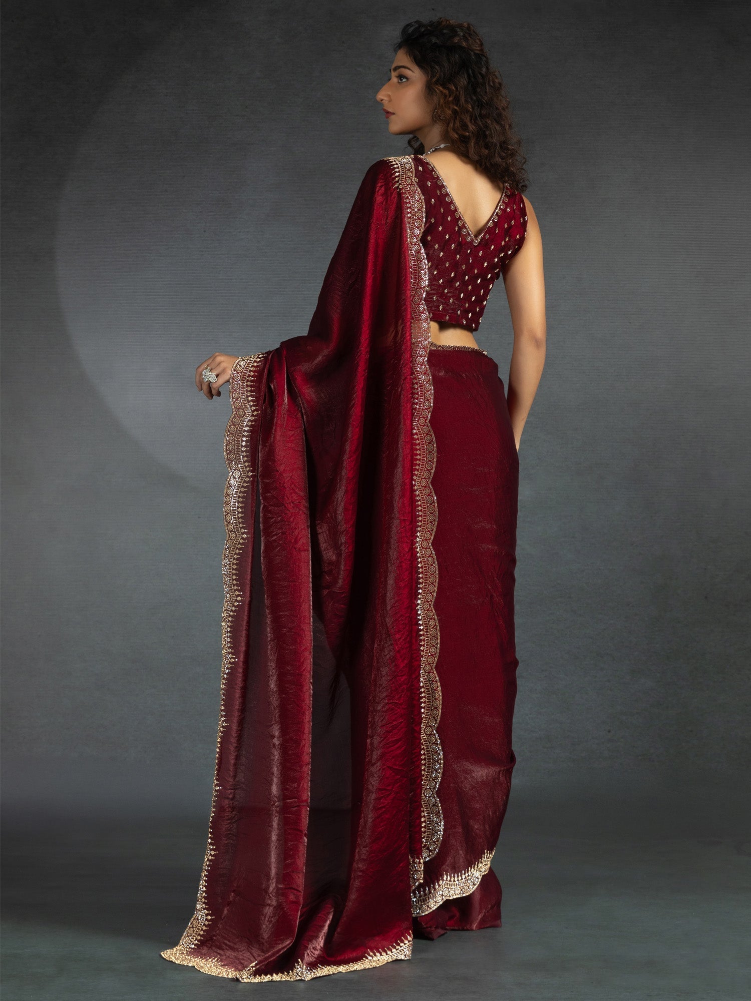 Deep Maroon Beads and Stones Satin Saree - Ressa