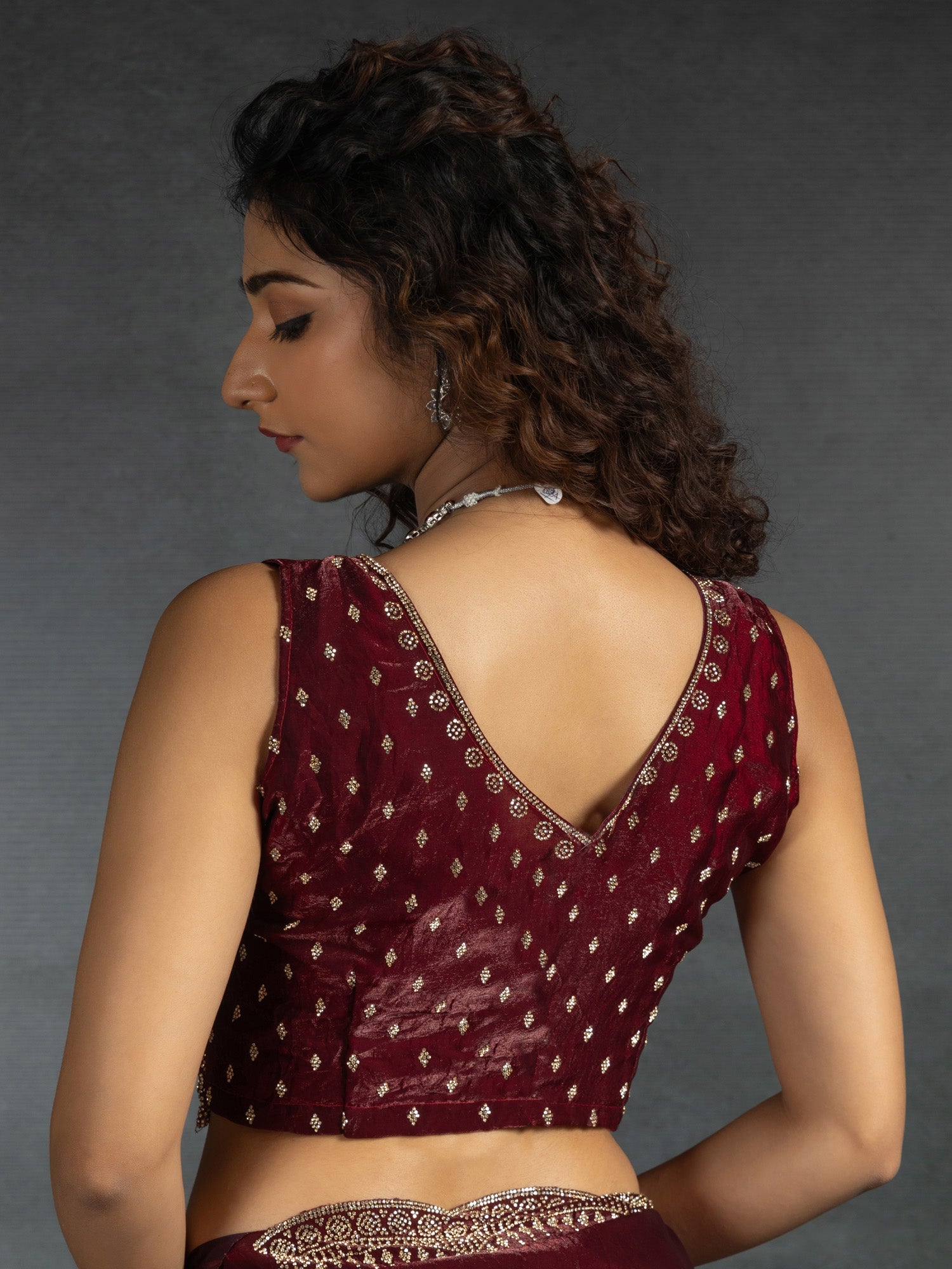 Deep Maroon Beads and Stones Satin Saree - Ressa