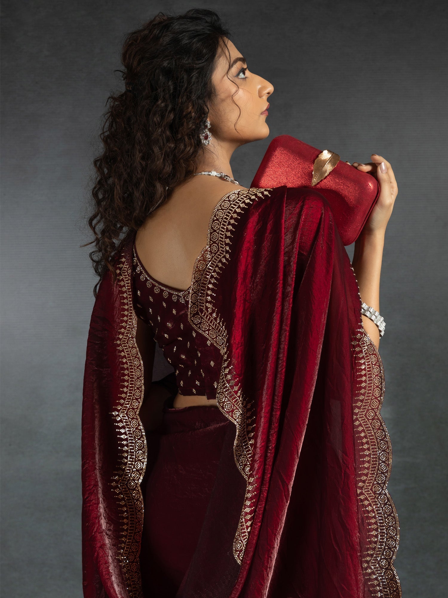 Deep Maroon Beads and Stones Satin Saree - Ressa