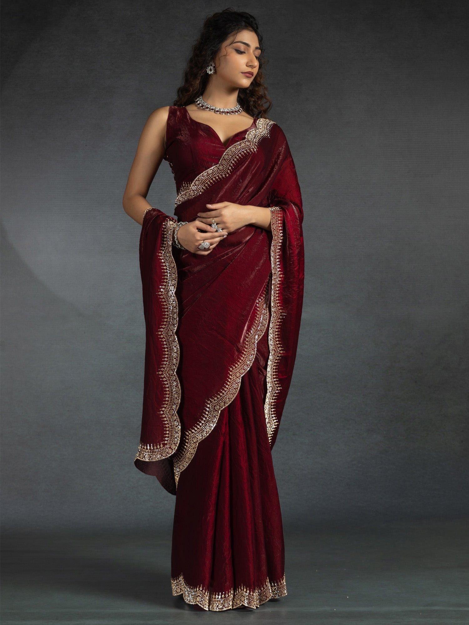 Deep Maroon Beads and Stones Satin Saree - Ressa