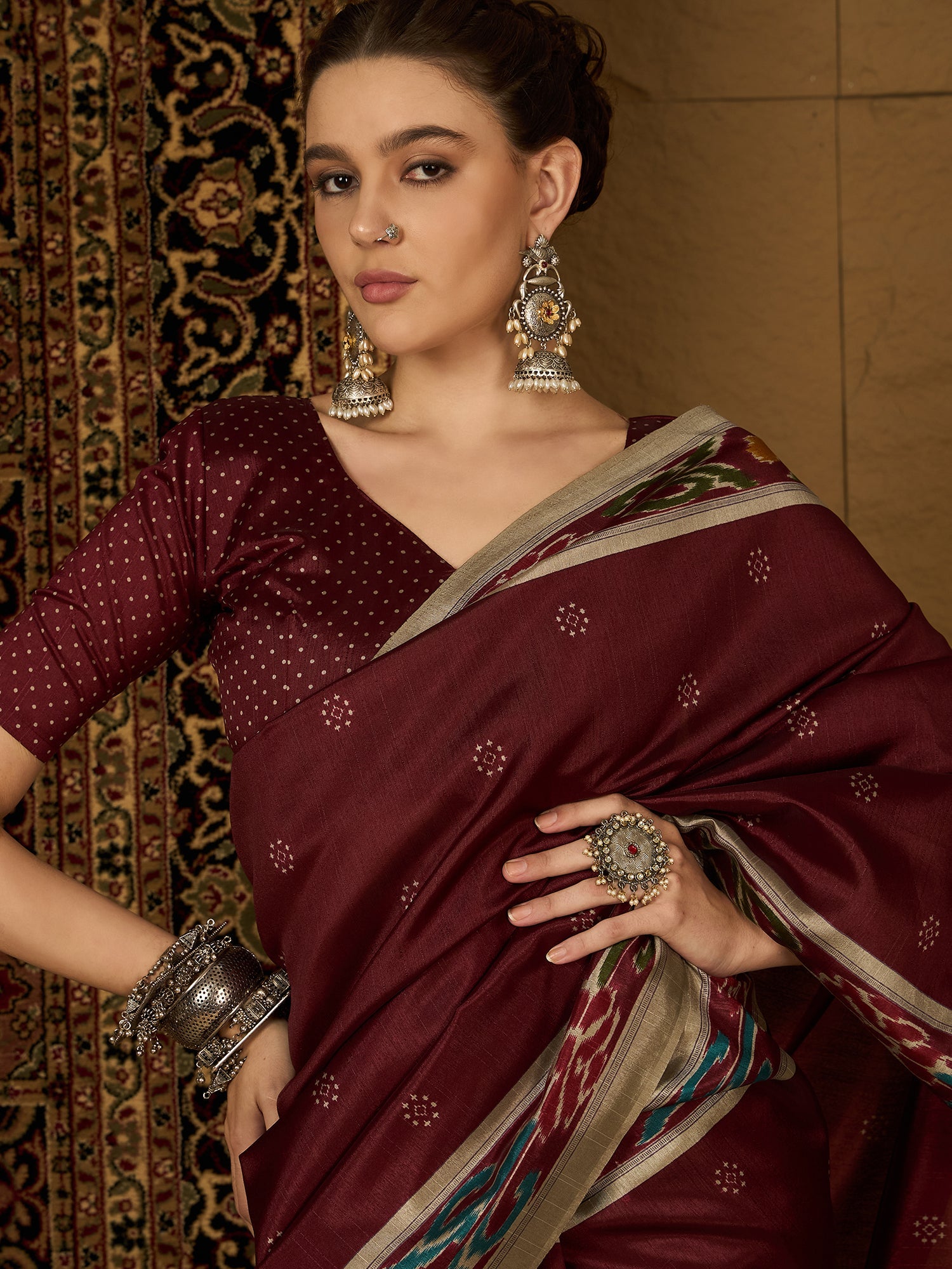 Deep Maroon Ikat Bhagalpuri Silk Saree - Ressa