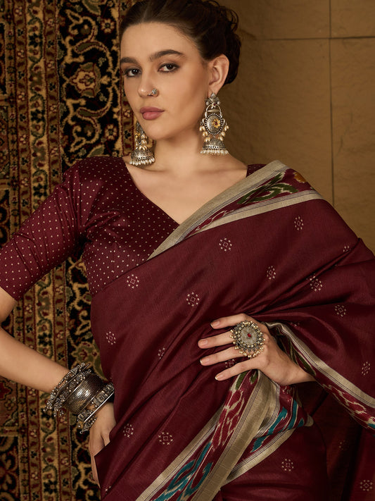 Deep Maroon Ikat Bhagalpuri Silk Saree - Ressa