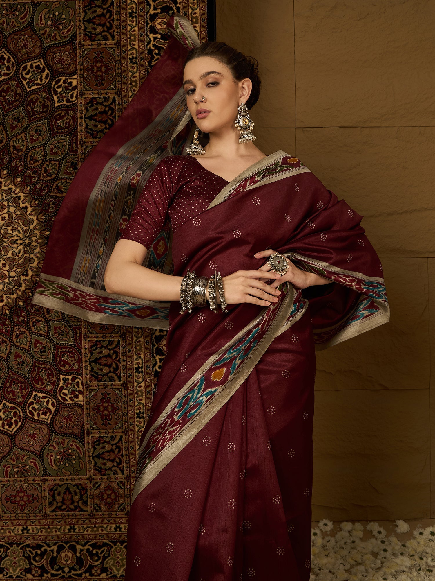 Deep Maroon Ikat Bhagalpuri Silk Saree - Ressa