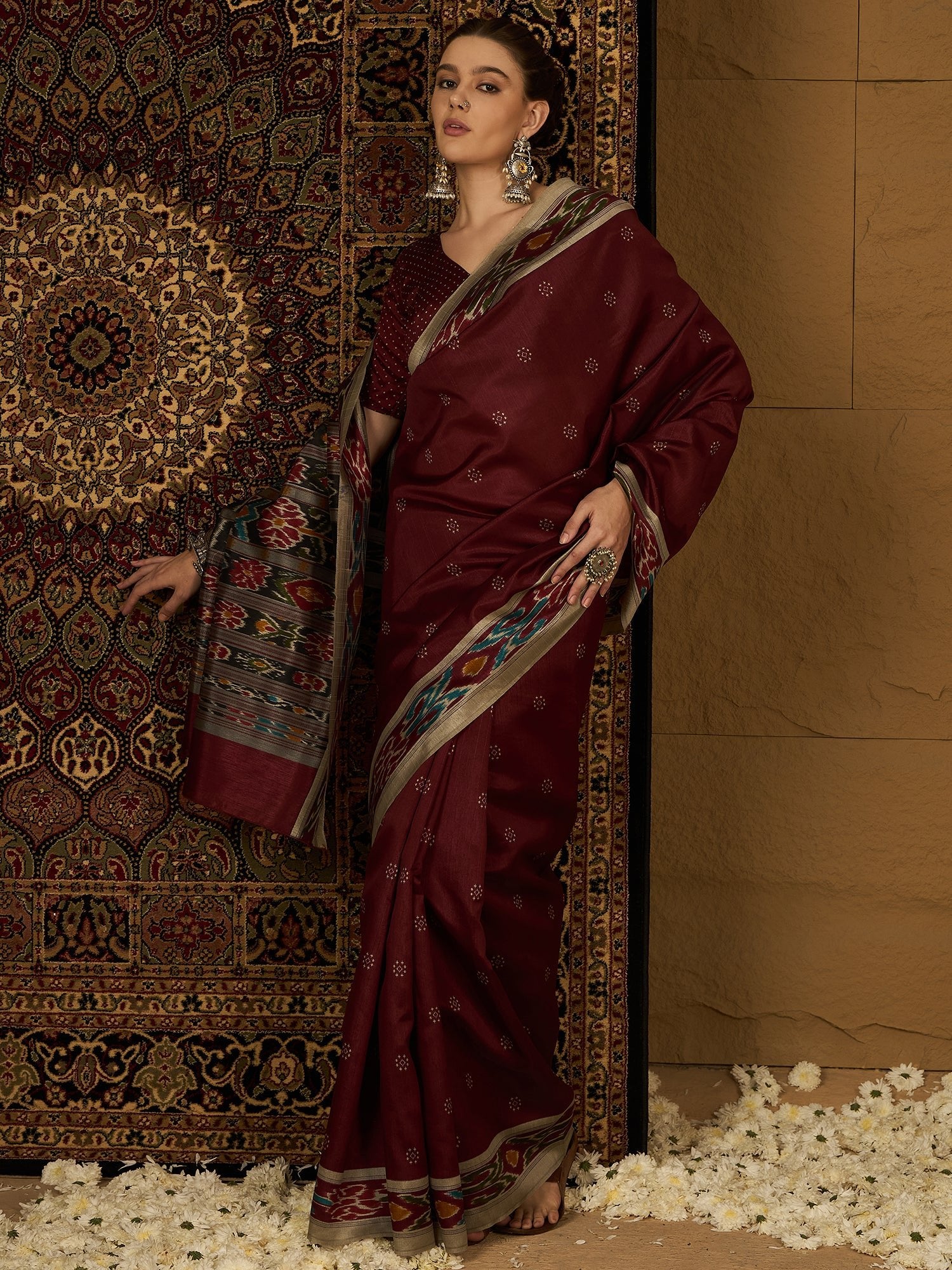 Deep Maroon Ikat Bhagalpuri Silk Saree - Ressa