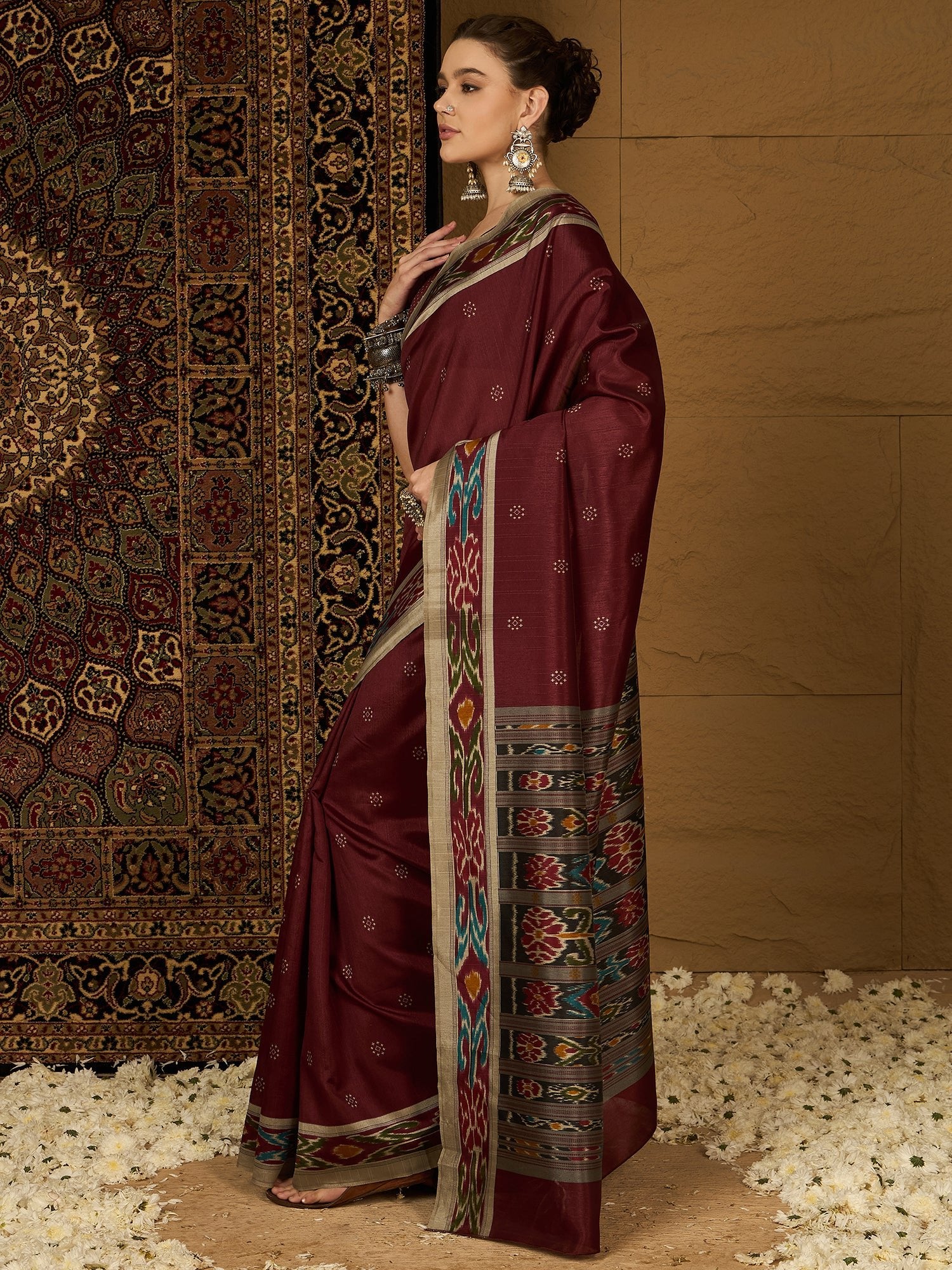 Deep Maroon Ikat Bhagalpuri Silk Saree - Ressa