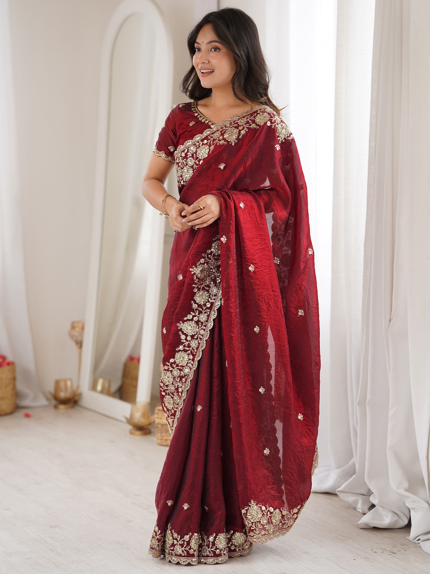 Deep Maroon Satin Saree with Embrodiery Work - Ressa