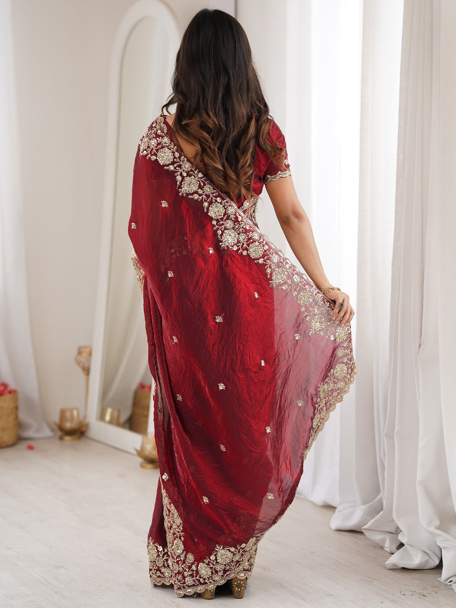 Deep Maroon Satin Saree with Embrodiery Work - Ressa