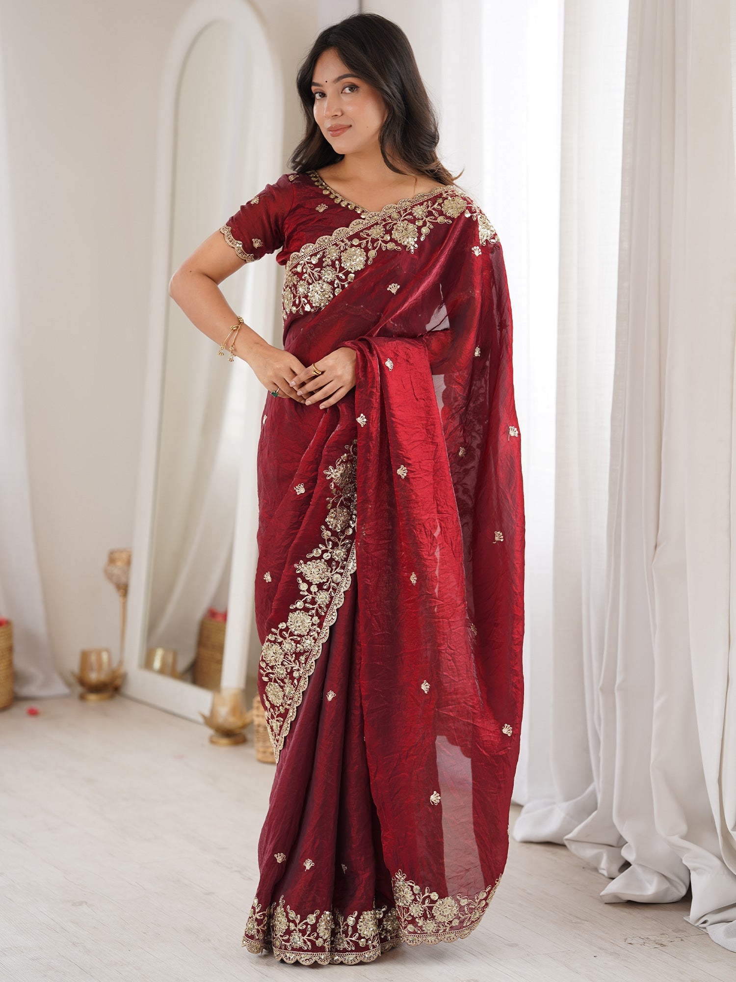 Deep Maroon Satin Saree with Embrodiery Work - Ressa