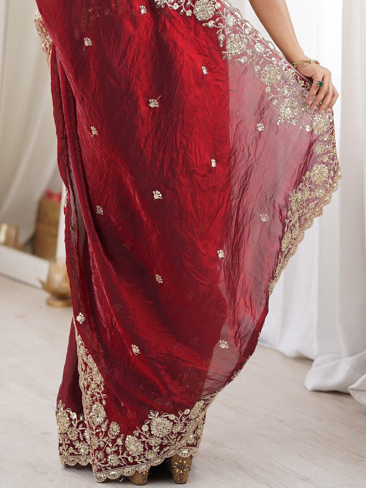 Deep Maroon Satin Saree with Embrodiery Work - Ressa