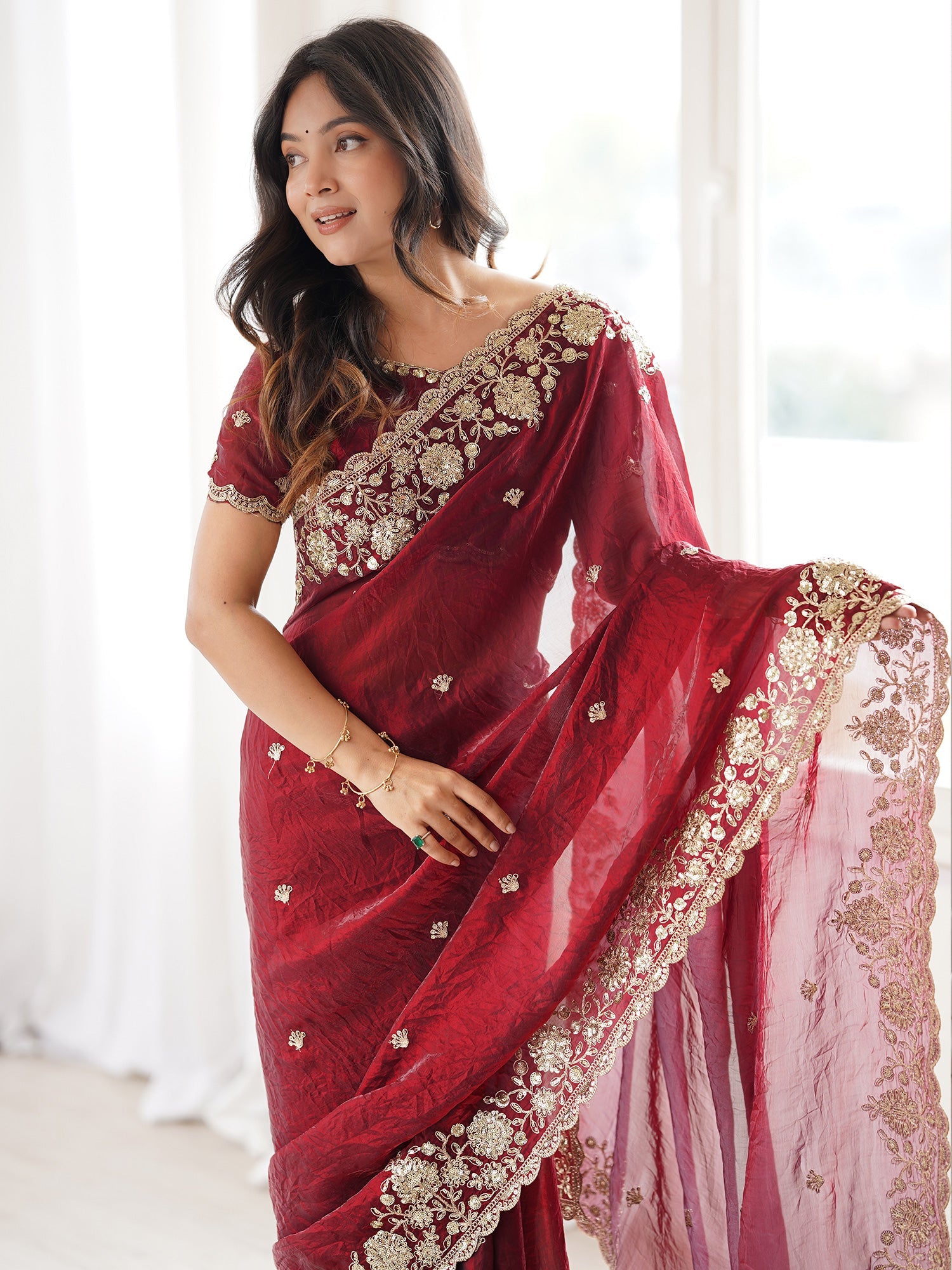 Deep Maroon Satin Saree with Embrodiery Work - Ressa