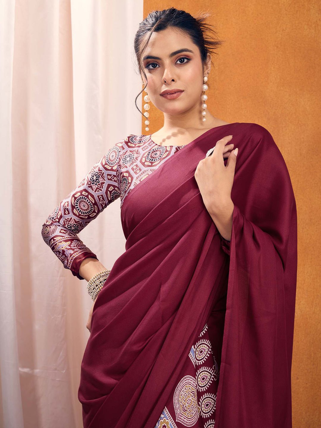 Deep Marron Satin Crepe Saree - Ressa