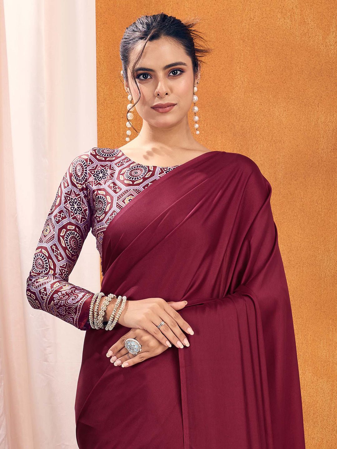 Deep Marron Satin Crepe Saree - Ressa