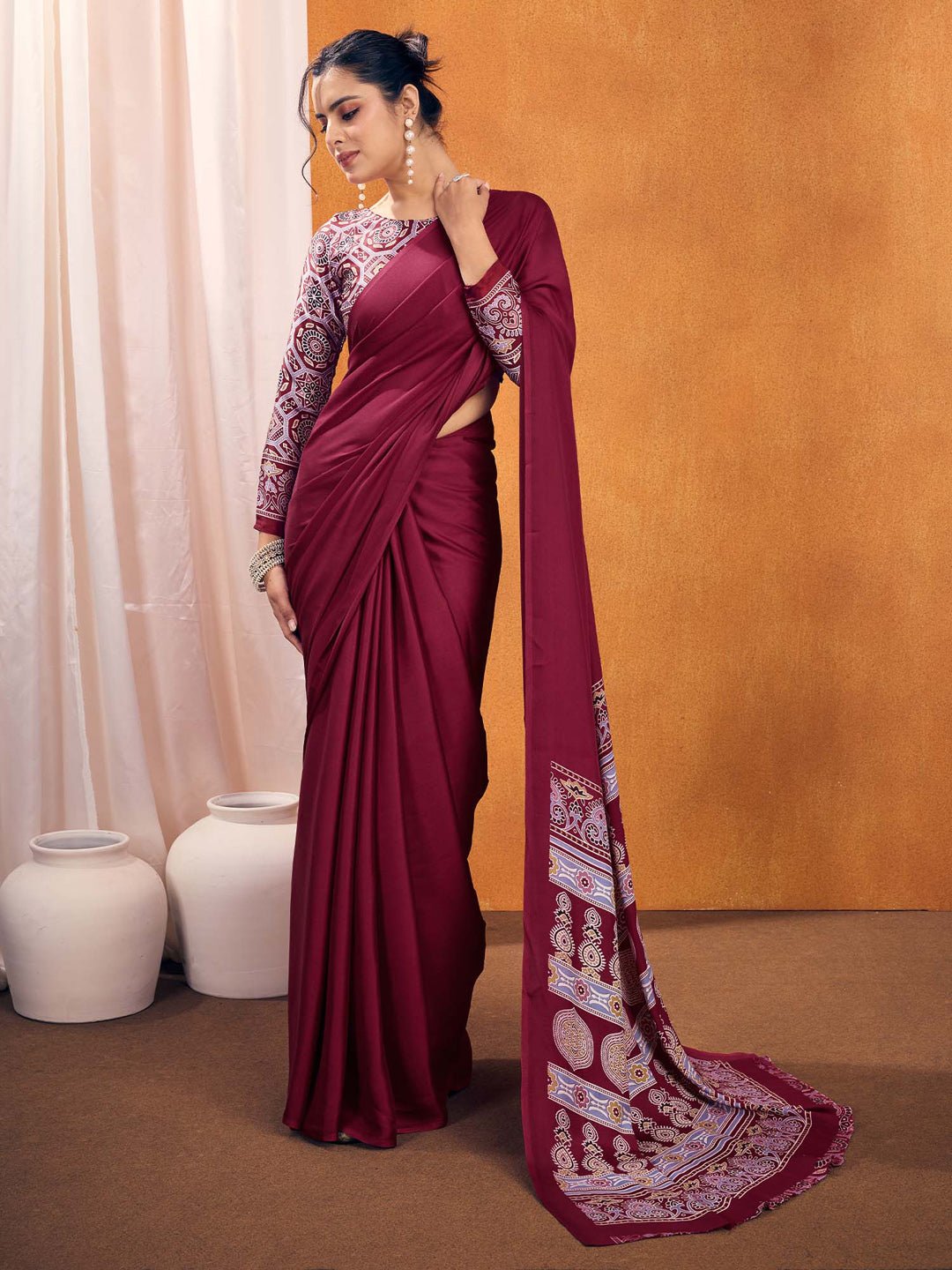 Deep Marron Satin Crepe Saree - Ressa