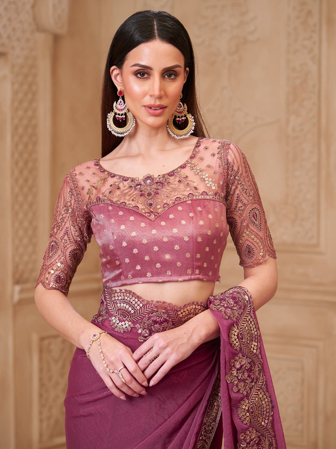 Deep Onion Pink Georgette Heavy Embroidered Border Zari Work Blouse Saree - Ressa
