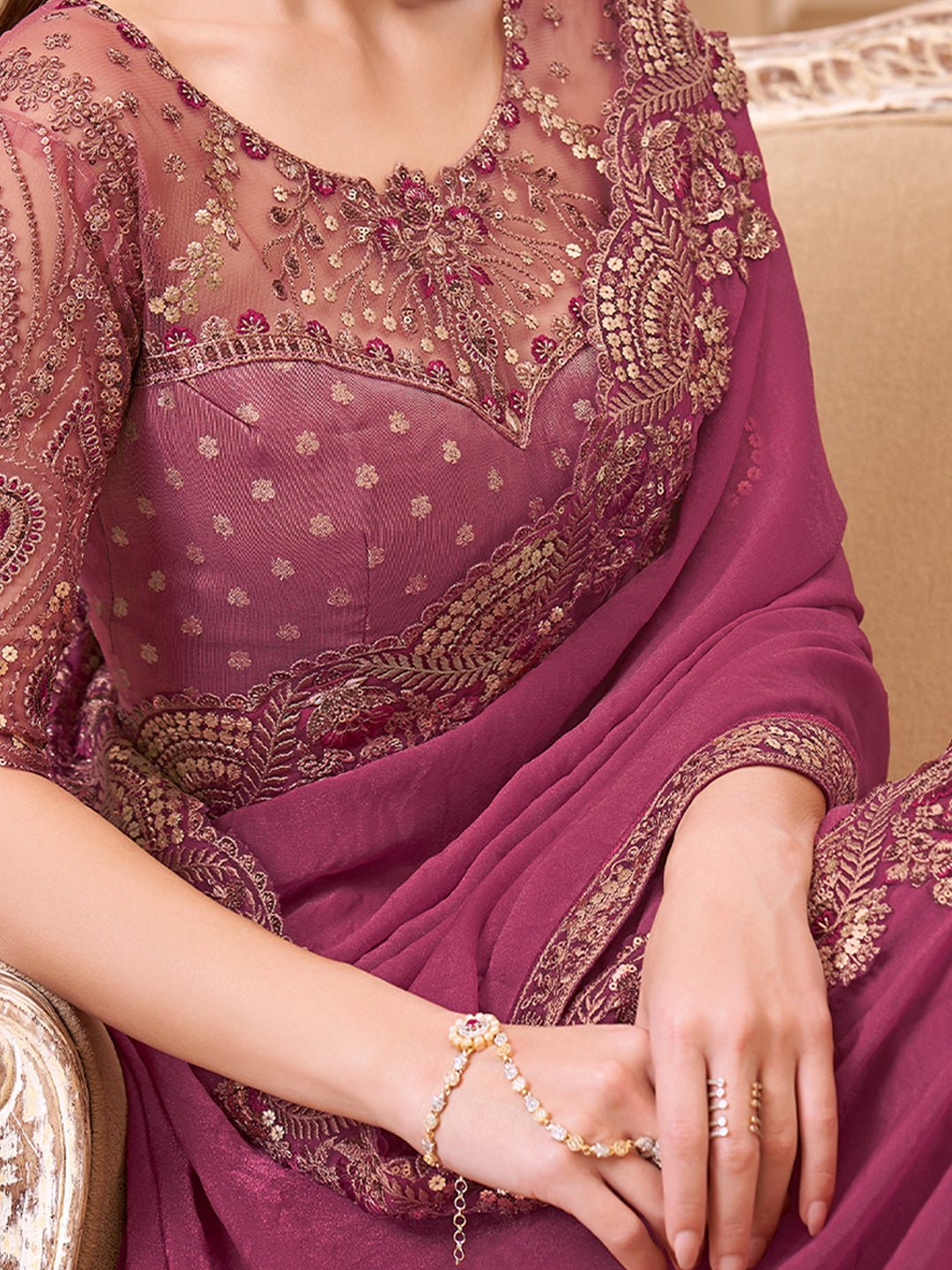 Deep Onion Pink Georgette Heavy Embroidered Border Zari Work Blouse Saree - Ressa