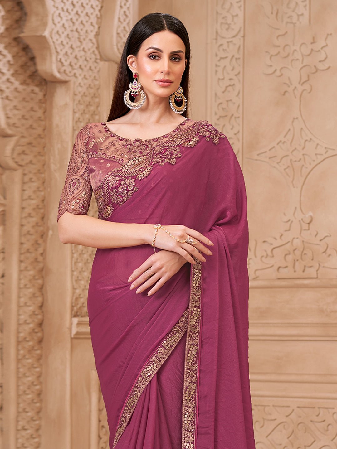 Deep Onion Pink Georgette Heavy Embroidered Border Zari Work Blouse Saree - Ressa