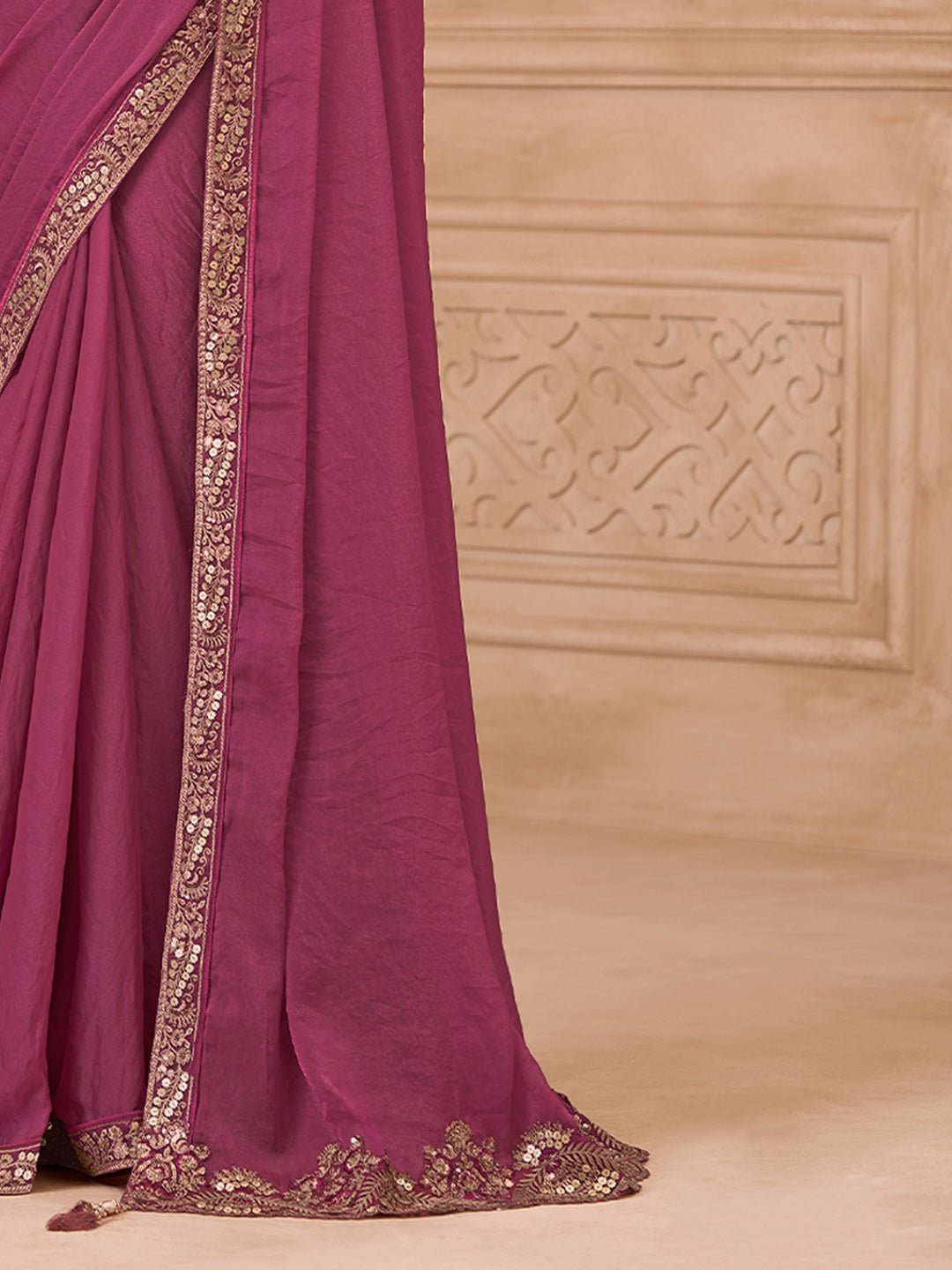 Deep Onion Pink Georgette Heavy Embroidered Border Zari Work Blouse Saree - Ressa